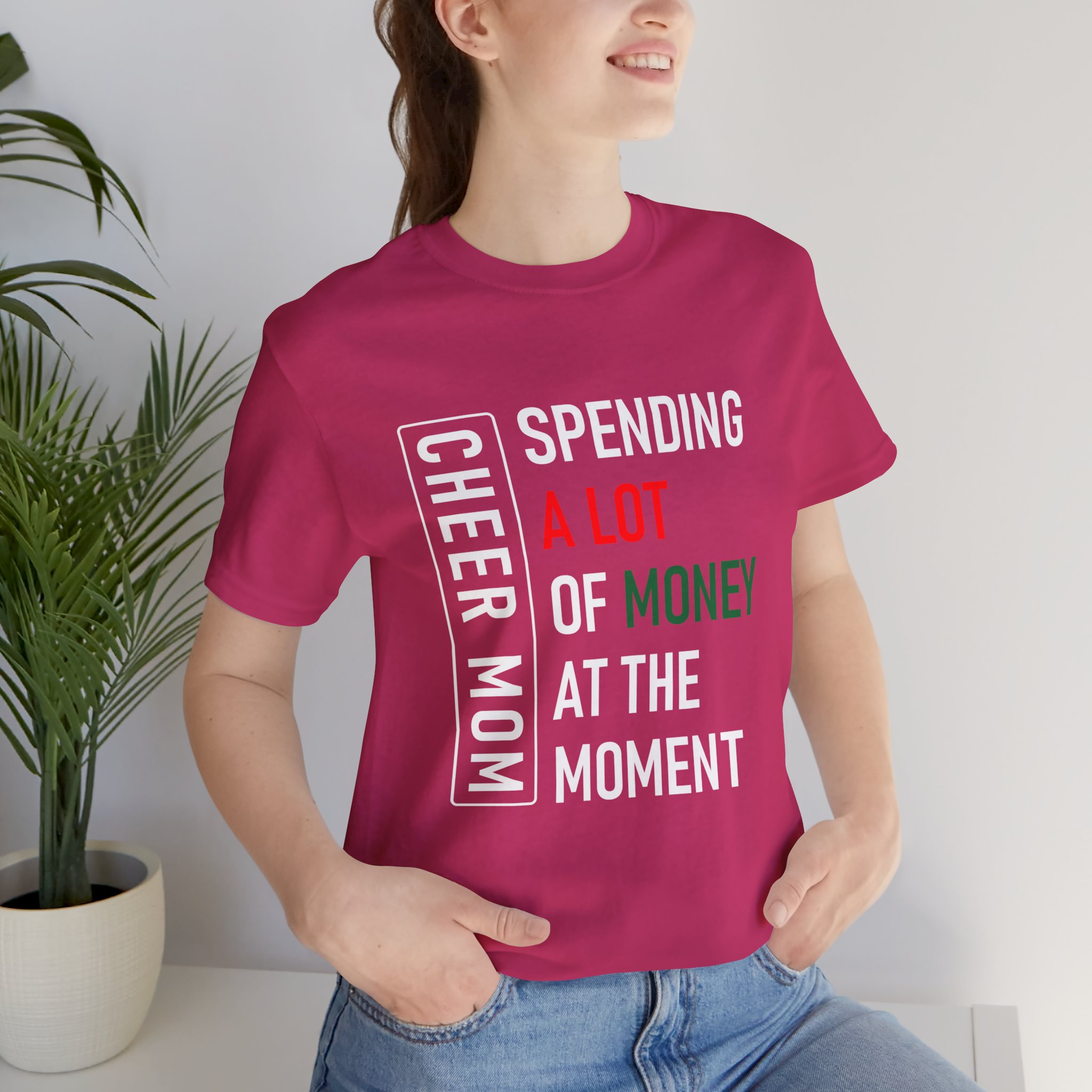 Cheer Mom, White, Spending A lot, Bella Canvas,Unisex Jersey Short Sleeve Tee
